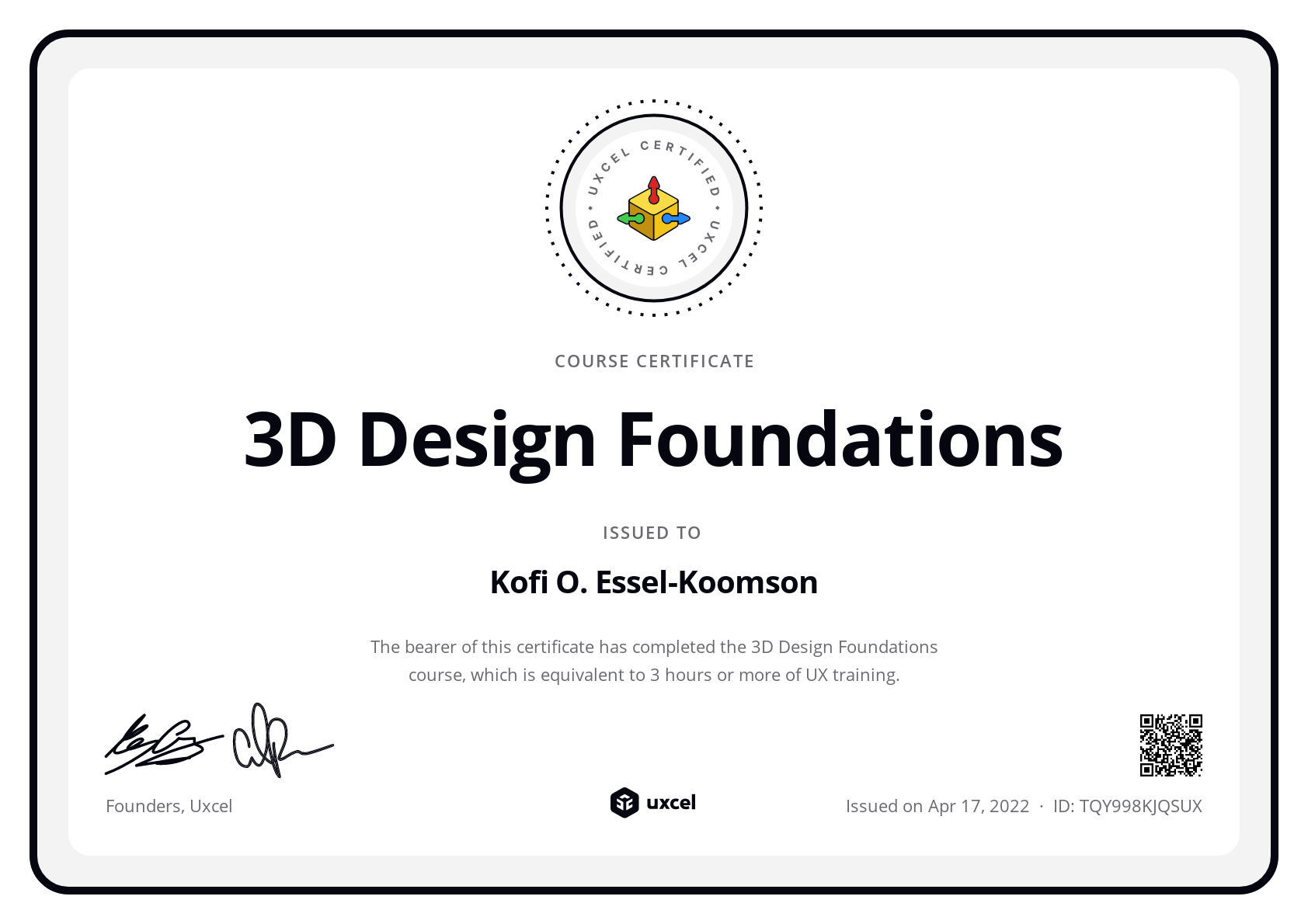 Kofi O. Essel-Koomson's certificate